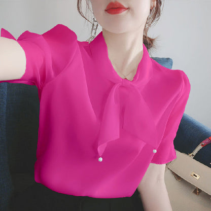 Bowknot V-Ausschnitt Chiffon Hemdbluse Damen