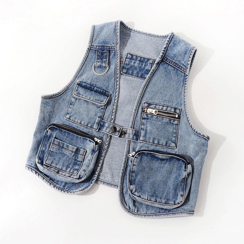 All-Match Fashion Multi-Pocket Denim Weste Damen Kurze Weste