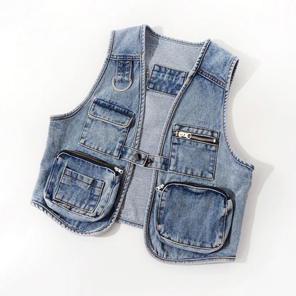All-Match Fashion Multi-Pocket Denim Weste Damen Kurze Weste