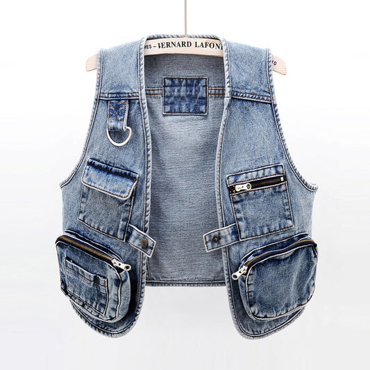 All-Match Fashion Multi-Pocket Denim Weste Damen Kurze Weste