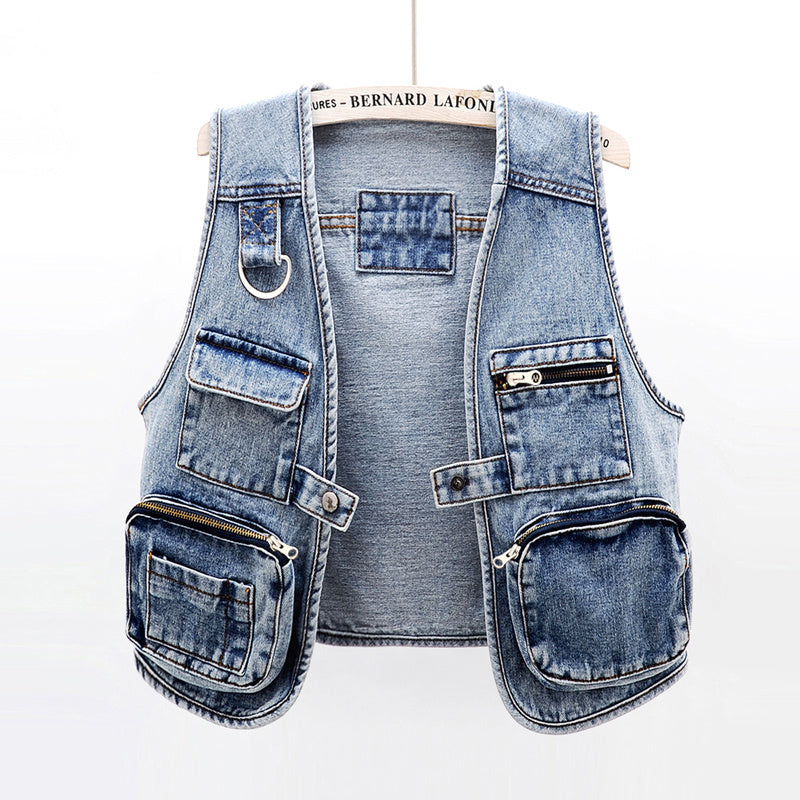All-Match Fashion Multi-Pocket Denim Weste Damen Kurze Weste