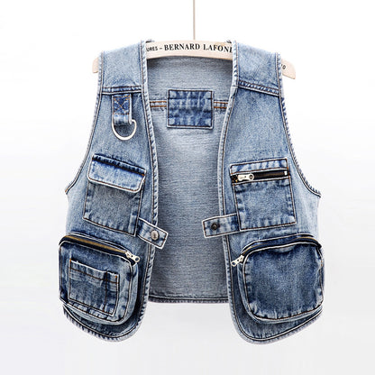 All-Match Fashion Multi-Pocket Denim Weste Damen Kurze Weste