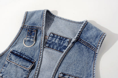 All-Match Fashion Multi-Pocket Denim Weste Damen Kurze Weste