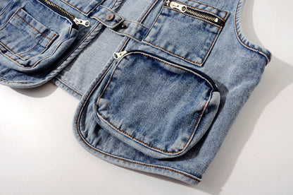 All-Match Fashion Multi-Pocket Denim Weste Damen Kurze Weste