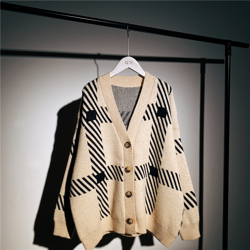 Retro Plaid Pullover Cardigan Damen Jacke