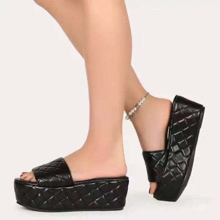 Solide Plaid Plattform Sandalen Frauen Schuhe Heißer Dicke Sohle Slipper Sommer Herbst Rutschen Plus Größe 43 Zapatillas Mujer Casa