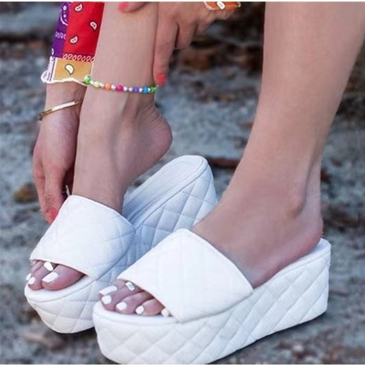 Solide Plaid Plattform Sandalen Frauen Schuhe Heißer Dicke Sohle Slipper Sommer Herbst Rutschen Plus Größe 43 Zapatillas Mujer Casa