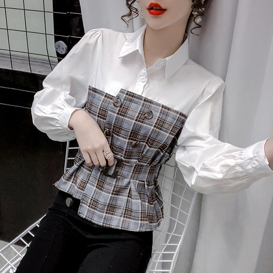 Damen Fake Zweiteiler Bluse mit kariertem Hemd