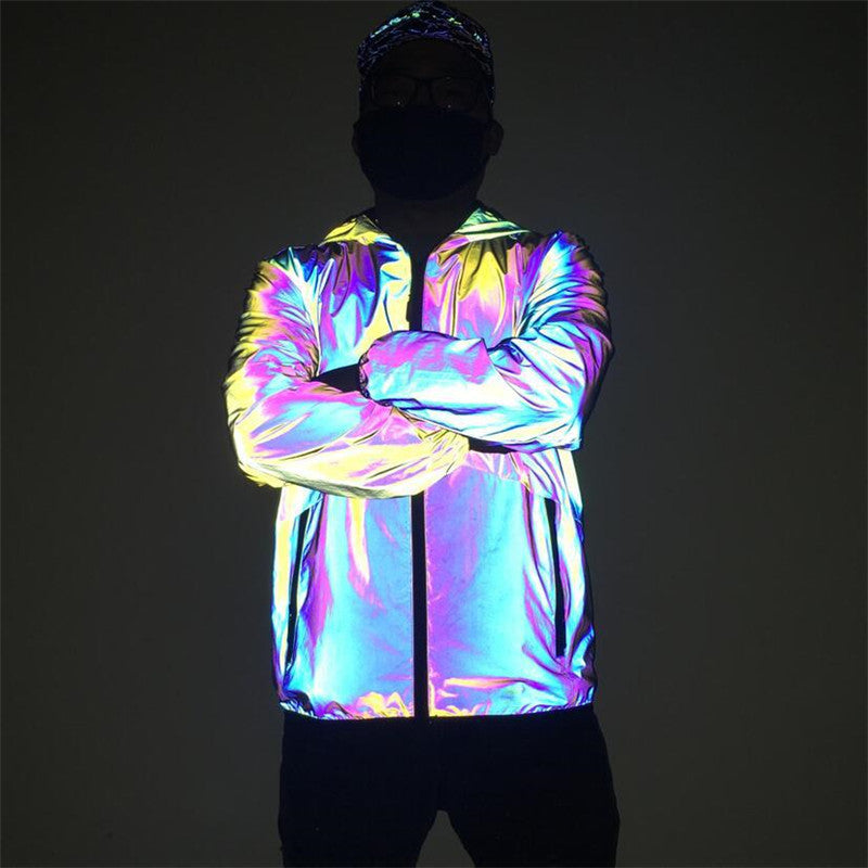 Herren Reflektierende Windbreaker-Jacke mit Kapuze – Bunt & Nachtaktiv im Hip-Hop-Stil