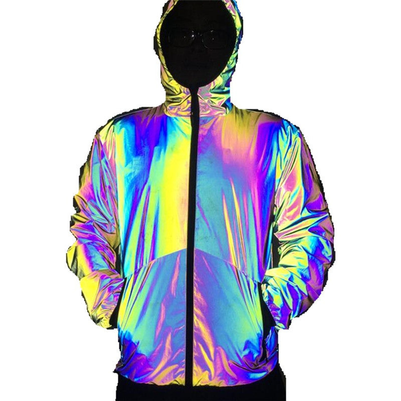 Herren Reflektierende Windbreaker-Jacke mit Kapuze – Bunt & Nachtaktiv im Hip-Hop-Stil
