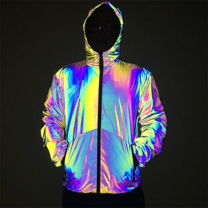 Herren Reflektierende Windbreaker-Jacke mit Kapuze – Bunt & Nachtaktiv im Hip-Hop-Stil