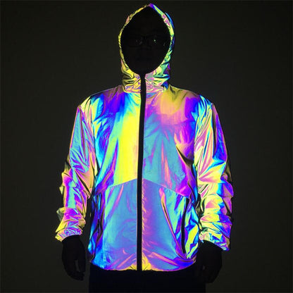 Herren Reflektierende Windbreaker-Jacke mit Kapuze – Bunt & Nachtaktiv im Hip-Hop-Stil