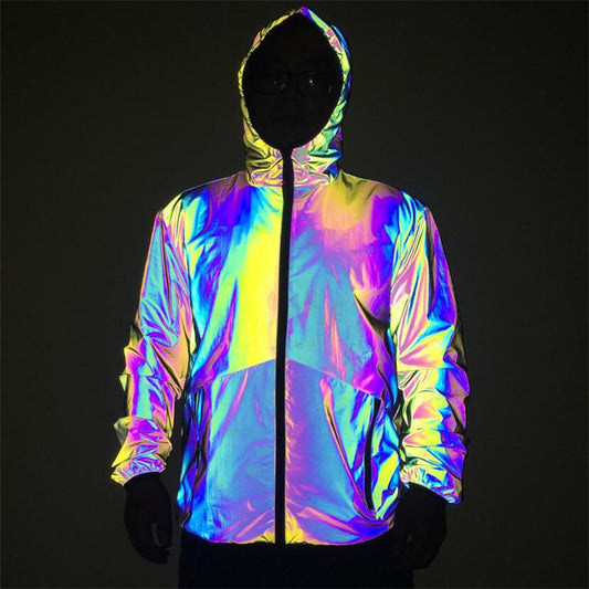 Herren Reflektierende Windbreaker-Jacke mit Kapuze – Bunt & Nachtaktiv im Hip-Hop-Stil