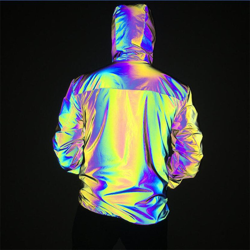 Herren Reflektierende Windbreaker-Jacke mit Kapuze – Bunt & Nachtaktiv im Hip-Hop-Stil