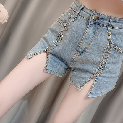 Sommerkleid im neuen Stil, Promi-Schwerindustrie, Nagelperlen-Intarsien, Diamanten, schmale, geteilte Stretch-Jeans für Damen