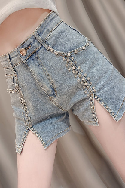 Sommerkleid im neuen Stil, Promi-Schwerindustrie, Nagelperlen-Intarsien, Diamanten, schmale, geteilte Stretch-Jeans für Damen