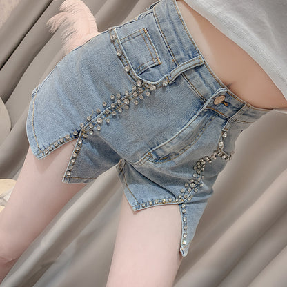 Sommerkleid im neuen Stil, Promi-Schwerindustrie, Nagelperlen-Intarsien, Diamanten, schmale, geteilte Stretch-Jeans für Damen
