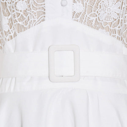 Fashion Temperament Stand Collar Lantern Sleeve Design Sexy Lace Perspective Short Dress
