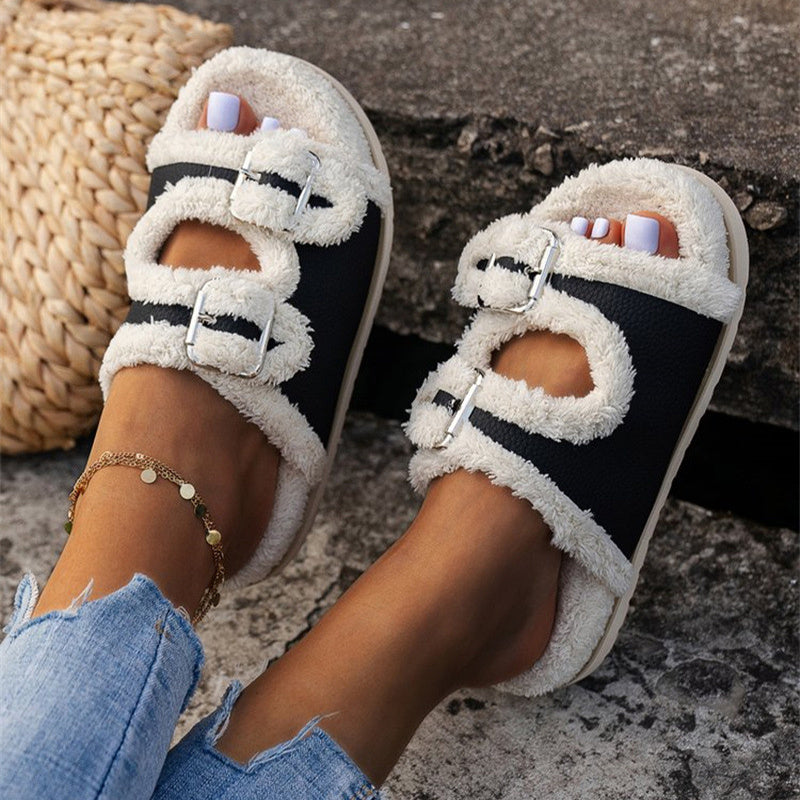 Herbst Winter Slipper Dicke Sohle Schnalle Lammwolle Hausschuhe Für Frauen Outdoor Garten Indoor Faul Plüsch Schuhe