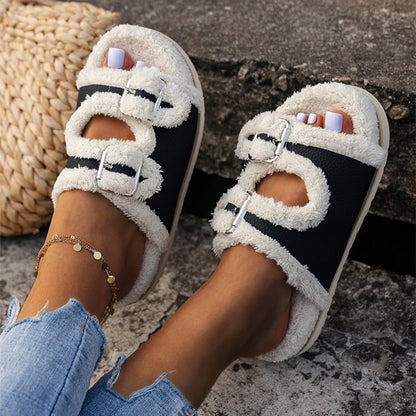 Herbst Winter Slipper Dicke Sohle Schnalle Lammwolle Hausschuhe Für Frauen Outdoor Garten Indoor Faul Plüsch Schuhe