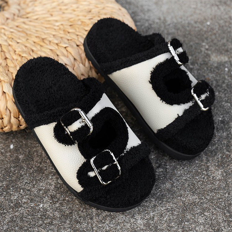 Herbst Winter Slipper Dicke Sohle Schnalle Lammwolle Hausschuhe Für Frauen Outdoor Garten Indoor Faul Plüsch Schuhe