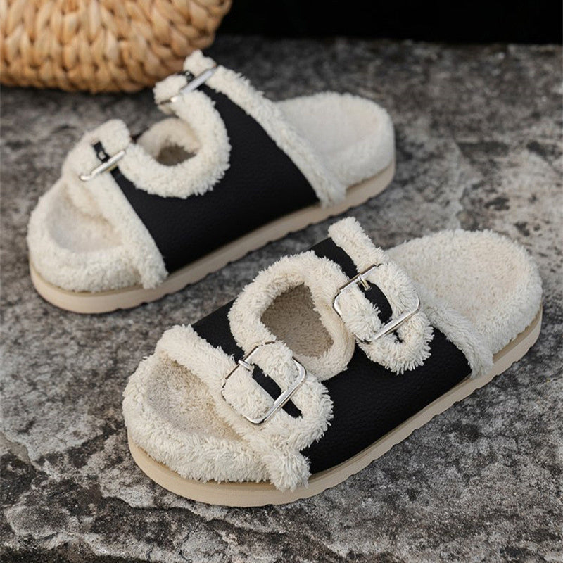 Herbst Winter Slipper Dicke Sohle Schnalle Lammwolle Hausschuhe Für Frauen Outdoor Garten Indoor Faul Plüsch Schuhe