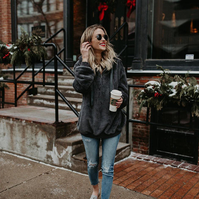 Damen Polerones Fleece Hoodies Langarm Kapuzenpullover Sweatshirt Herbst Winter Warm Reißverschluss Tasche Mantel Weibliches Sweatshirt