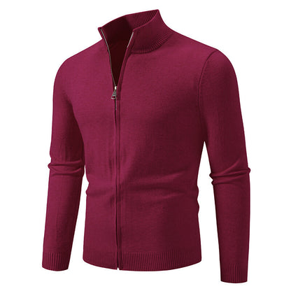 Stand Collar Simple Zipper Solid Color Cardigan Sweater