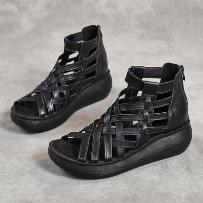 Neue Retro-Keilsandalen im ethnischen Stil für Damen, lässige Sandalen mit Tasche, Stiefel aus Rindsleder, Fischmaul-Sandalen