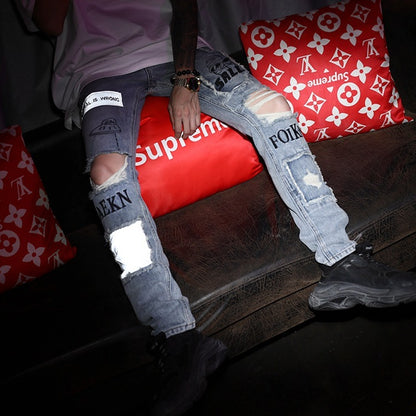 Knieloch Patch Patch Stoff Jeans Männer und Frauen Persönlichkeit Flut Marke hellblau Schlanke Füße lange Hosen
