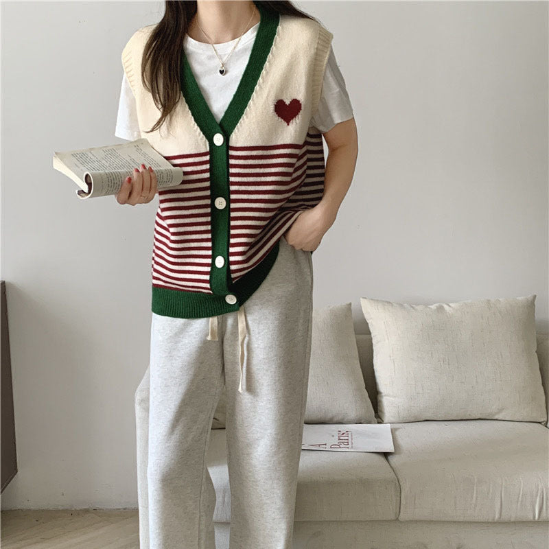 Mehrfarbige gestreifte herzförmige Strickweste für Damen Retro-Oberbekleidungsweste für Damen