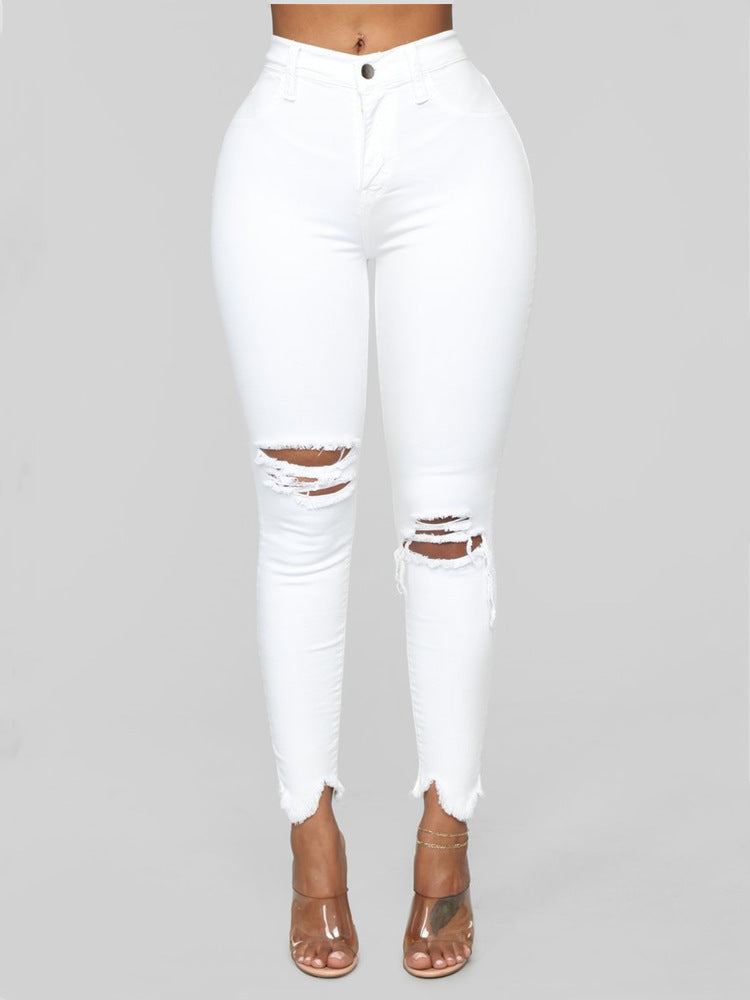 Zerrissene, einfarbige lange Jeanshose