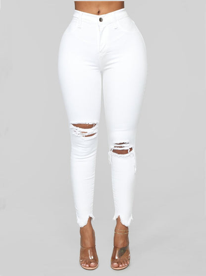 Zerrissene, einfarbige lange Jeanshose