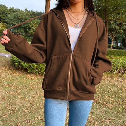 Braune Y2K Ästhetische Hoodies Damen Zip Up Sweatshirt mit Kapuze