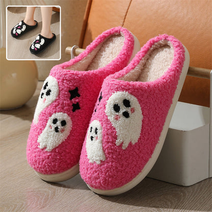 Halloween Cartoon Ghost Baumwoll-Hausschuhe für Damen, rutschfest, für den Innenbereich, Schlafzimmer, Boden, Hausschuhe, Winterschuhe