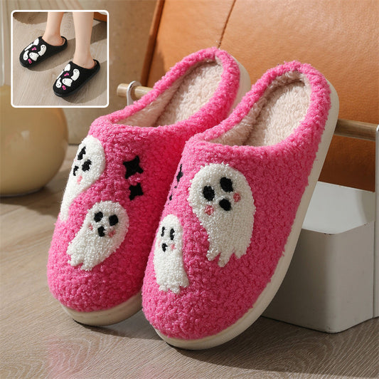 Halloween Cartoon Ghost Baumwoll-Hausschuhe für Damen, rutschfest, für den Innenbereich, Schlafzimmer, Boden, Hausschuhe, Winterschuhe