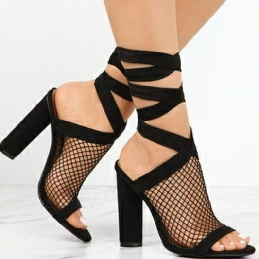Frauen Sandalen Bandage Flock Cross Strap Lace Up High Heels Sandale