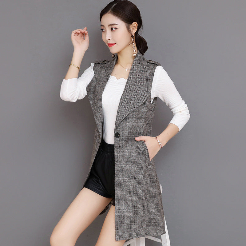 Plaid Lange Blazer Weste Frauen Ärmellose Jacke