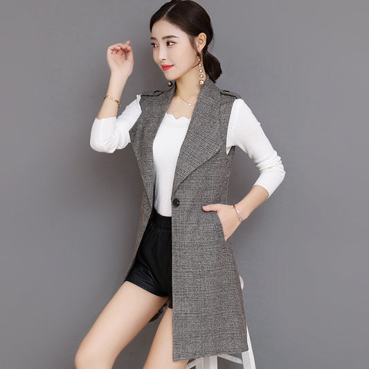 Plaid Lange Blazer Weste Frauen Ärmellose Jacke