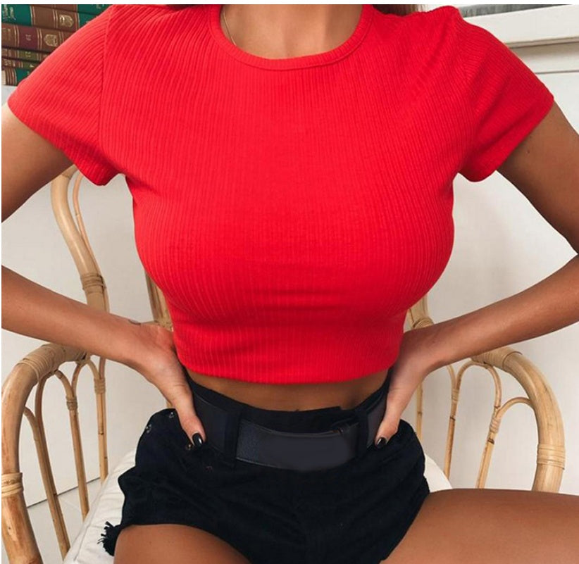 Neon Strickhemd Damen O-Ausschnitt Kurzarm T-Shirts Sexy