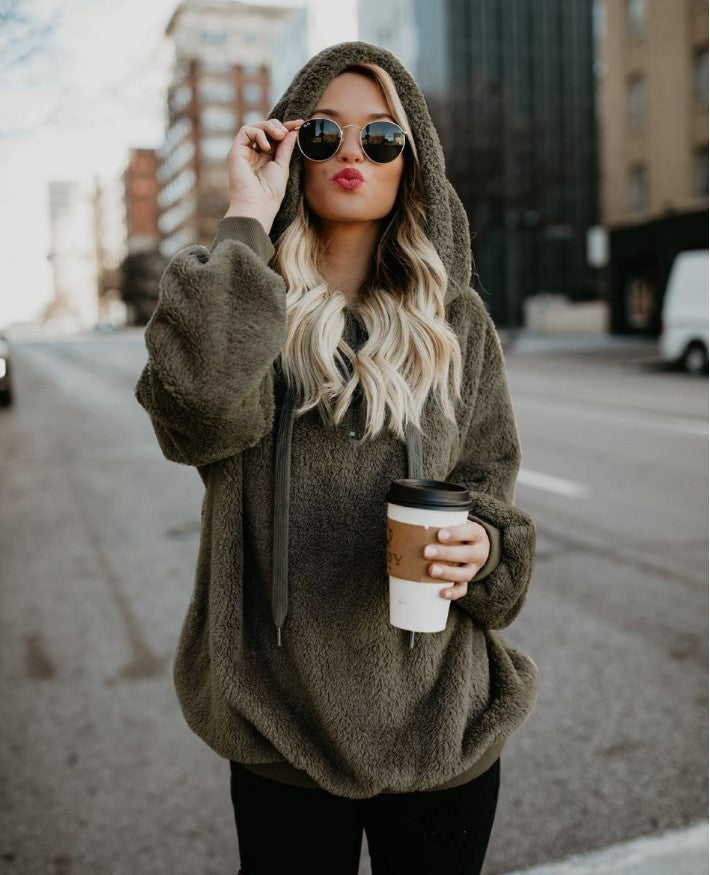 Damen Polerones Fleece Hoodies Langarm Kapuzenpullover Sweatshirt Herbst Winter Warm Reißverschluss Tasche Mantel Weibliches Sweatshirt