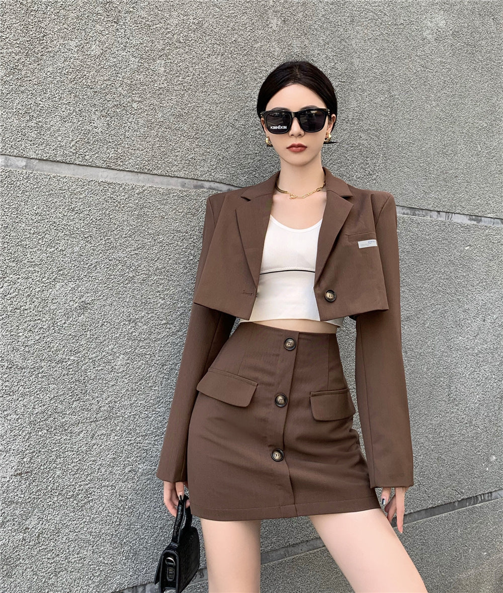 Blazer Hohe Taille A-Linie Rock Kaffee Farbe Hong Kong Stil Anzug Frauen