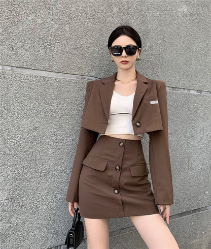 Blazer Hohe Taille A-Linie Rock Kaffee Farbe Hong Kong Stil Anzug Frauen