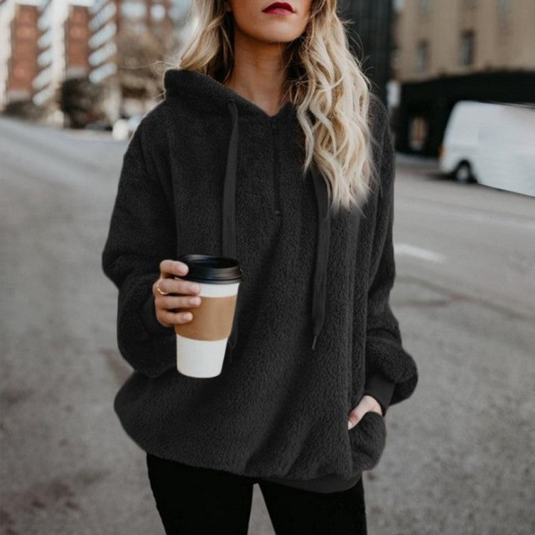 Damen Polerones Fleece Hoodies Langarm Kapuzenpullover Sweatshirt Herbst Winter Warm Reißverschluss Tasche Mantel Weibliches Sweatshirt