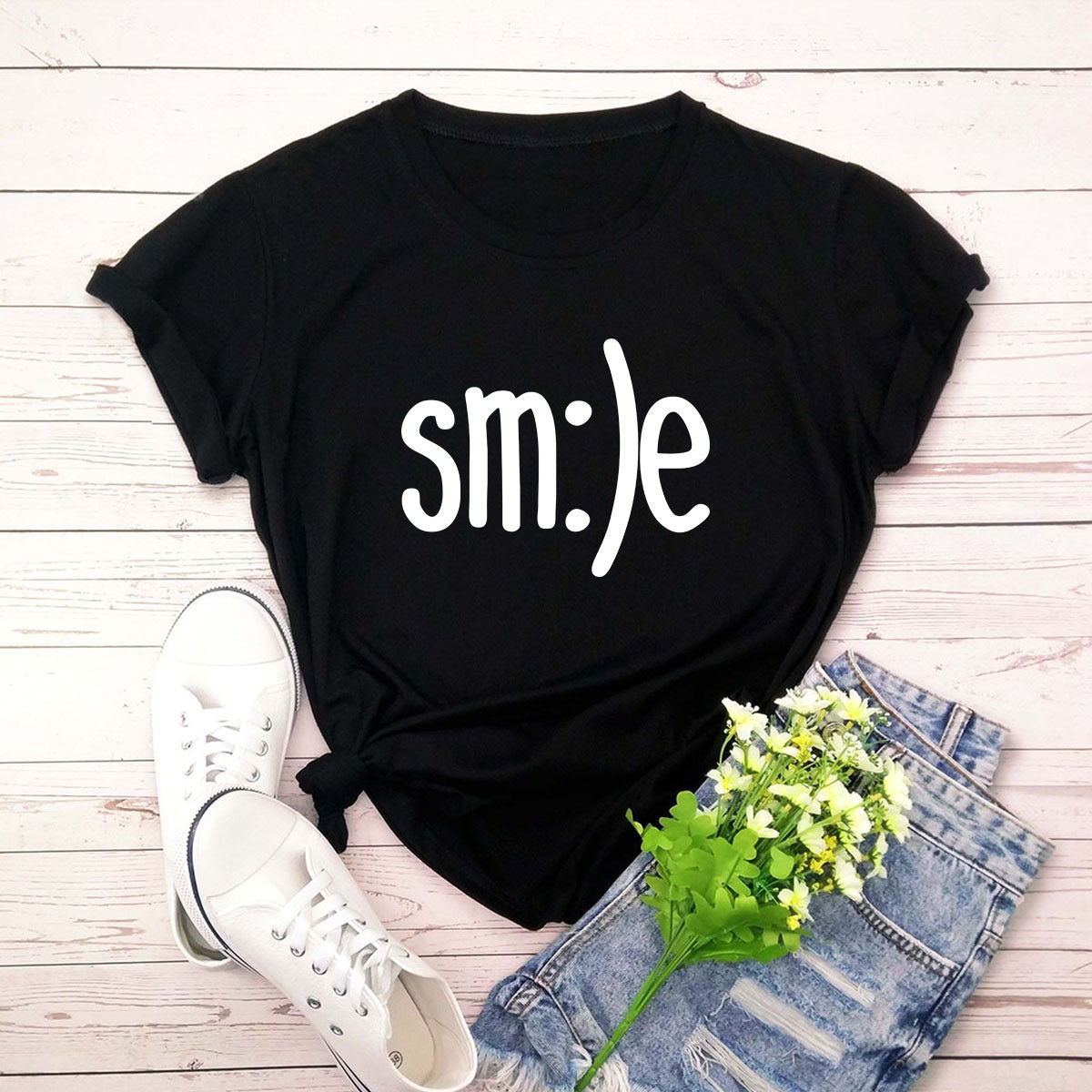 S-5XL Plus Size T-Shirt Damen Neues Smile Letter Printed Shirt O-Ausschnitt Kurzarm T-Shirts Sommer Top 100% Baumwolle Damen T-Shirts