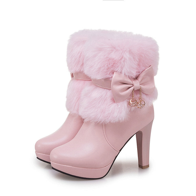 Süße Prinzessin Herbst und Winter kurze Stiefel Schnee Frauen mittlere Stiefel Frauen Stiefel dicke Ferse kurze Stiefel