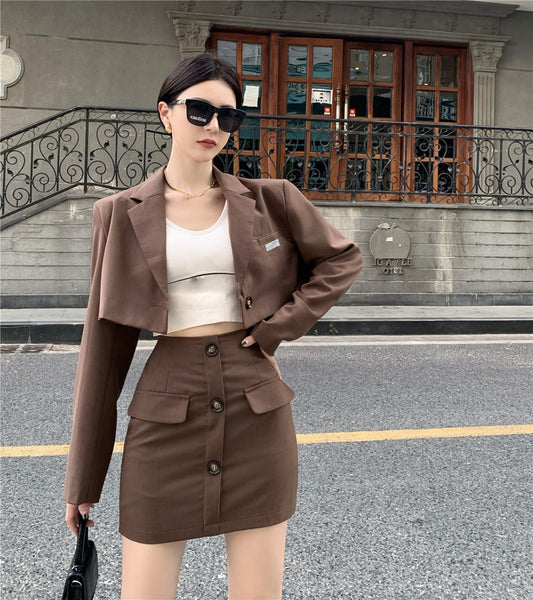 Blazer Hohe Taille A-Linie Rock Kaffee Farbe Hong Kong Stil Anzug Frauen
