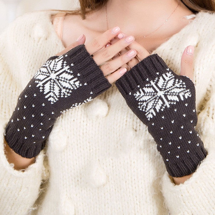 Gestrickte Halbfinger-Schreibhandschuhe für warme Damen mit Schneeflocken-Motiv, Weihnachtsmotiv