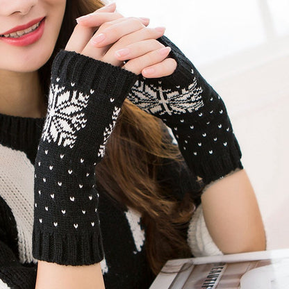 Gestrickte Halbfinger-Schreibhandschuhe für warme Damen mit Schneeflocken-Motiv, Weihnachtsmotiv
