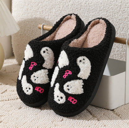 Halloween Cartoon Ghost Baumwoll-Hausschuhe für Damen, rutschfest, für den Innenbereich, Schlafzimmer, Boden, Hausschuhe, Winterschuhe